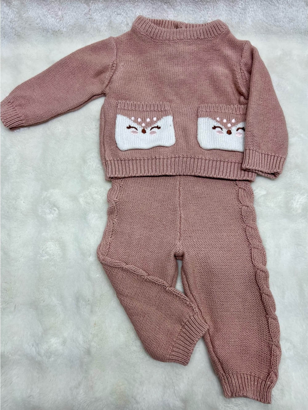 Little Lass Mauve Pink Knit Sweater Set with White Pocket Faces